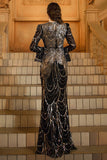 Sparkly Black Golden Long Sleeve Mermaid Formal Dress