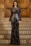 Sparkly Black Golden Long Sleeve Mermaid Formal Dress