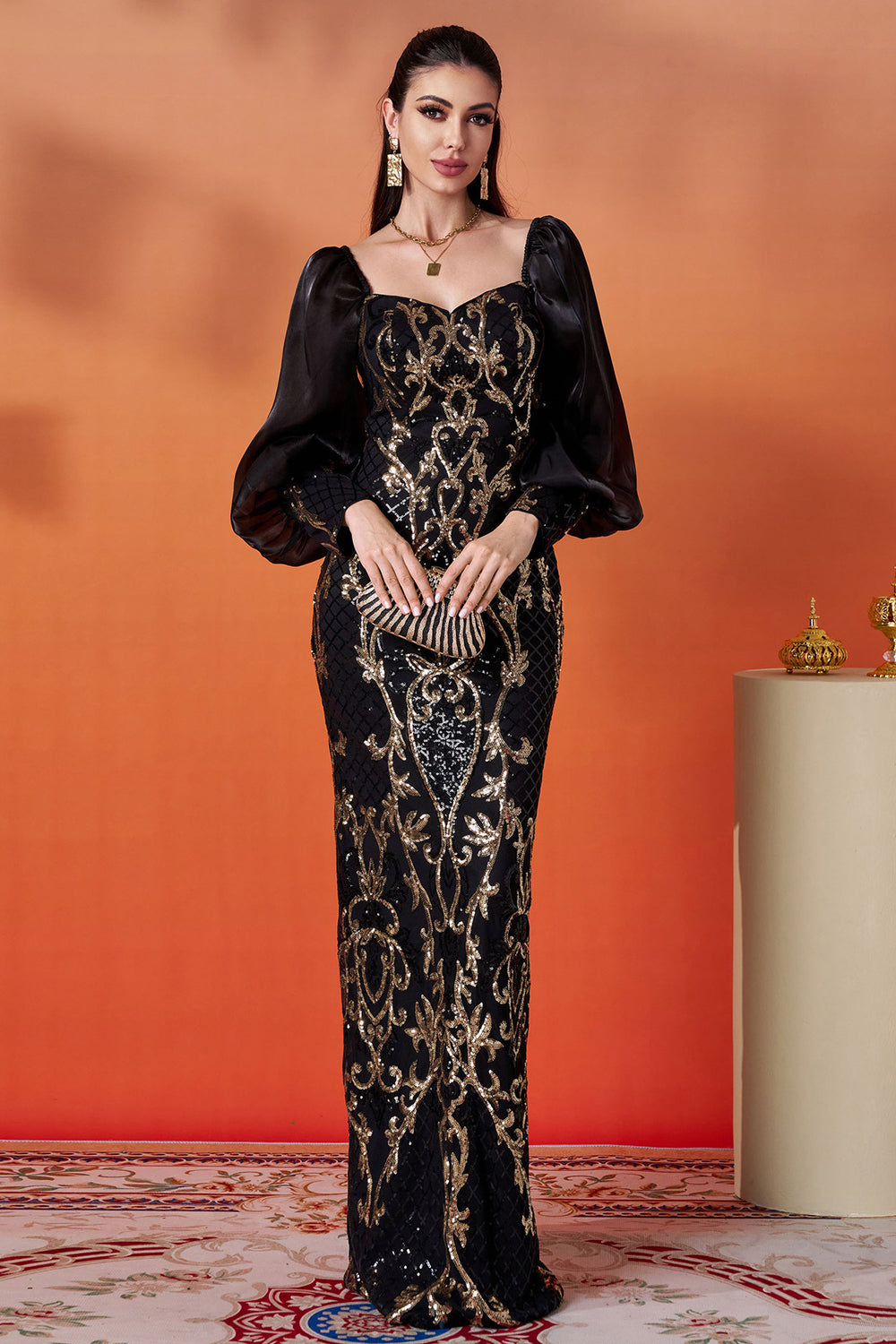 Black Golden Long Sleeve Sheath Appliqued Formal Dress