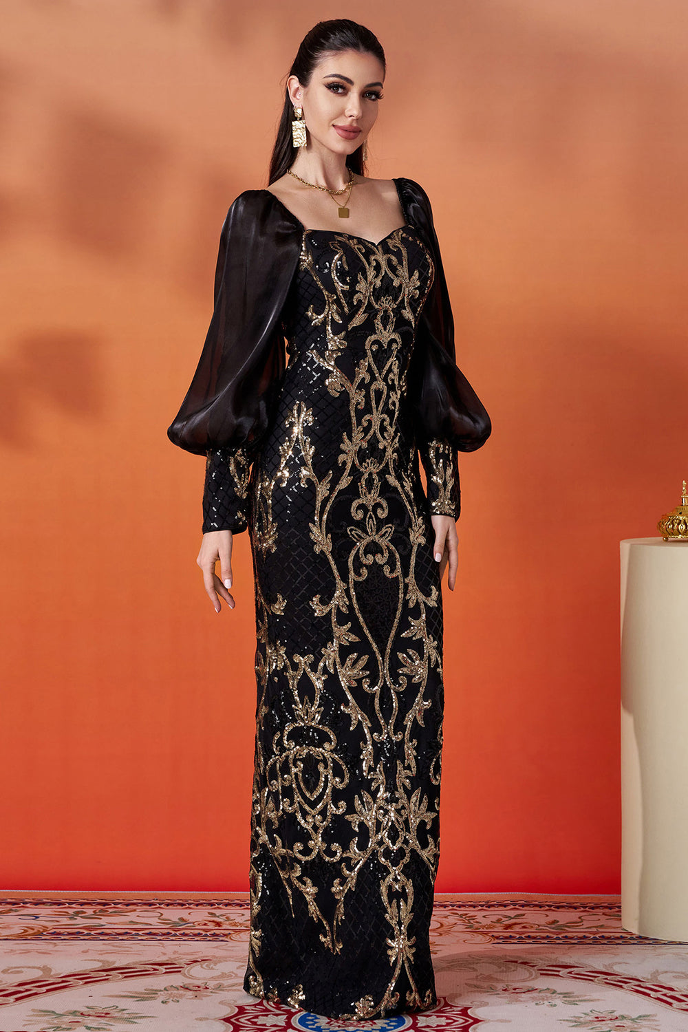 Black Golden Long Sleeve Sheath Appliqued Formal Dress