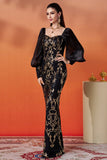 Black Golden Long Sleeve Sheath Appliqued Formal Dress