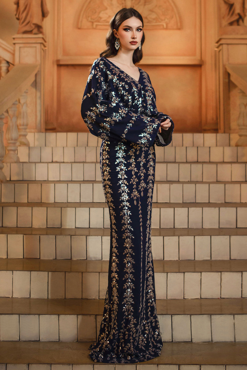 Long Sleeve Appliqued Sheath Navy Formal Dress