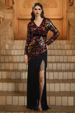 Black Long Sleeve Sheath Floral Formal Dress
