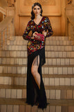 Black Long Sleeve Sheath Floral Formal Dress