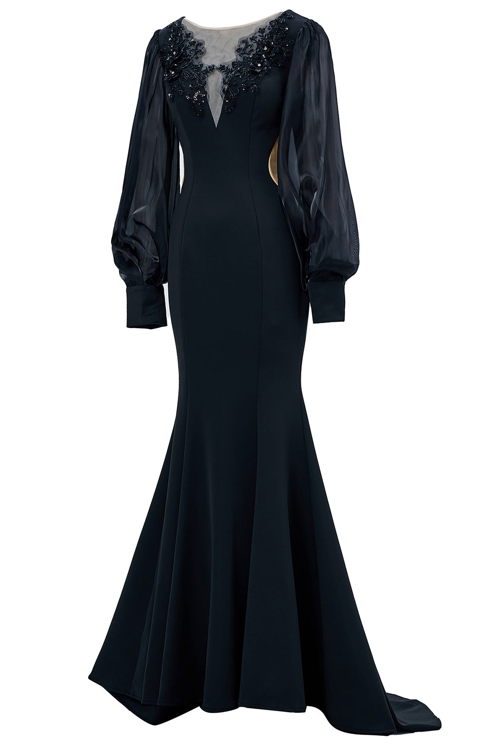 Mermaid Long Sleeve Embroidered Black Formal Dress