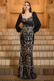 Black Golden Mermaid Long Sleeve Appliqued Formal Dress