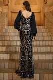 Black Golden Mermaid Long Sleeve Appliqued Formal Dress