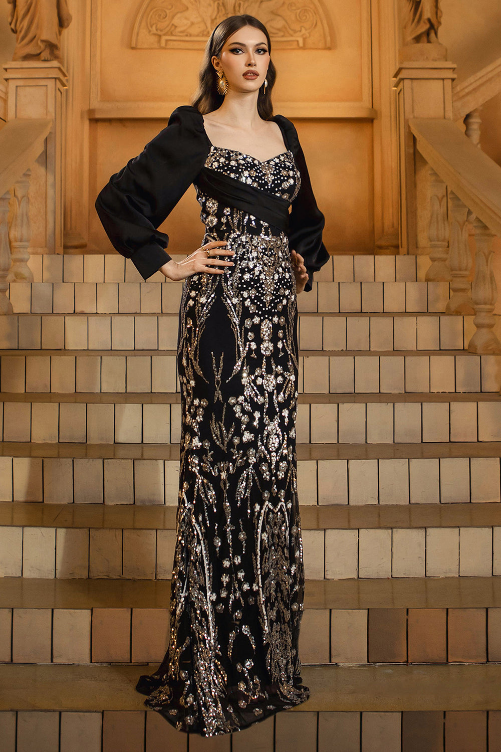 Black Golden Mermaid Long Sleeve Appliqued Formal Dress