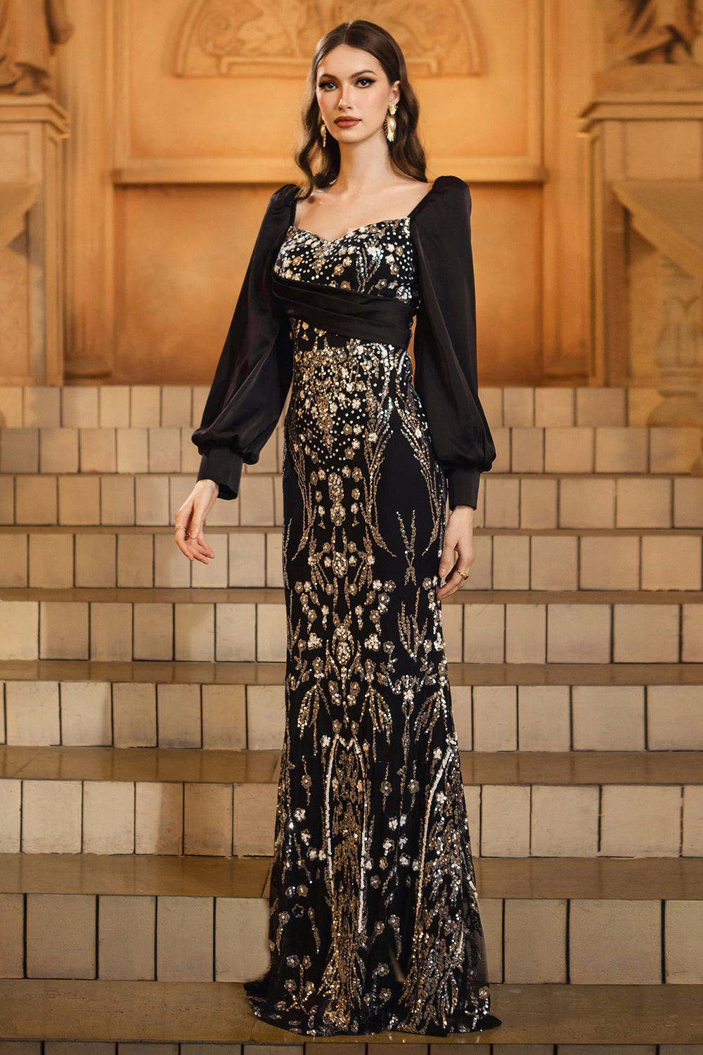 Black Golden Mermaid Long Sleeve Appliqued Formal Dress