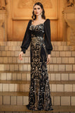 Black Golden Mermaid Long Sleeve Appliqued Formal Dress