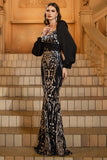 Black Golden Mermaid Long Sleeve Appliqued Formal Dress