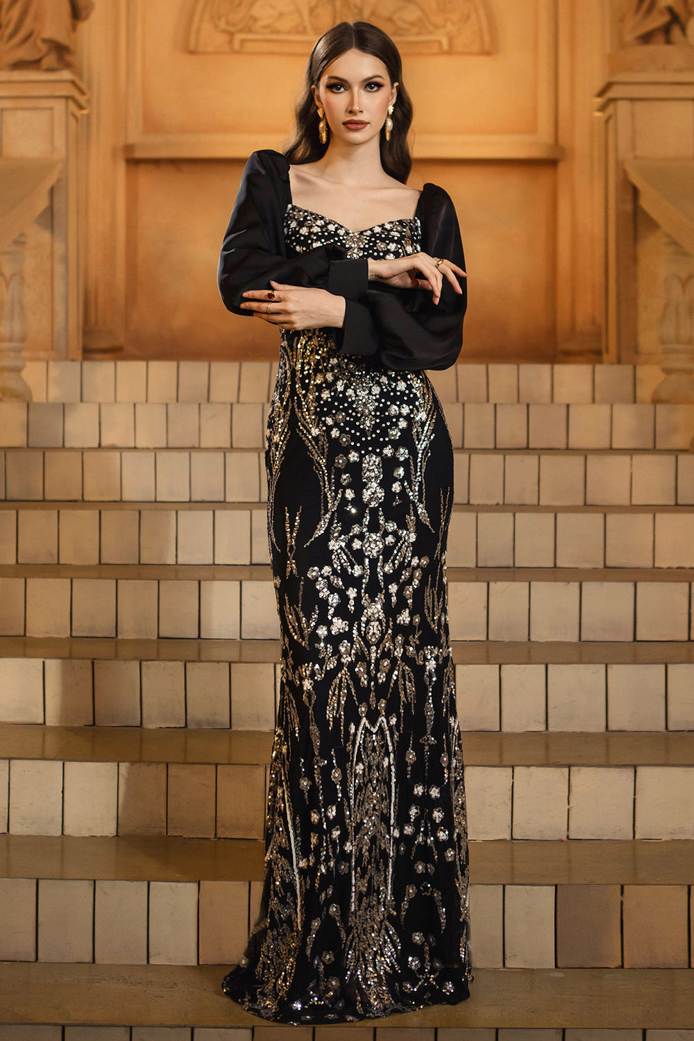 Black Golden Mermaid Long Sleeve Appliqued Formal Dress