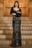 Black Golden Mermaid Long Sleeve Appliqued Formal Dress