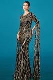 Long Sleeve Mermaid Sequin Black Golden Formal Dress