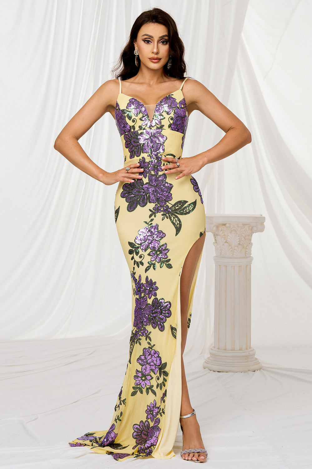 Mermaid Spaghetti Straps Appliqued Yellow Formal Dress