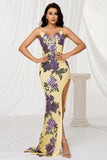 Mermaid Spaghetti Straps Appliqued Yellow Formal Dress