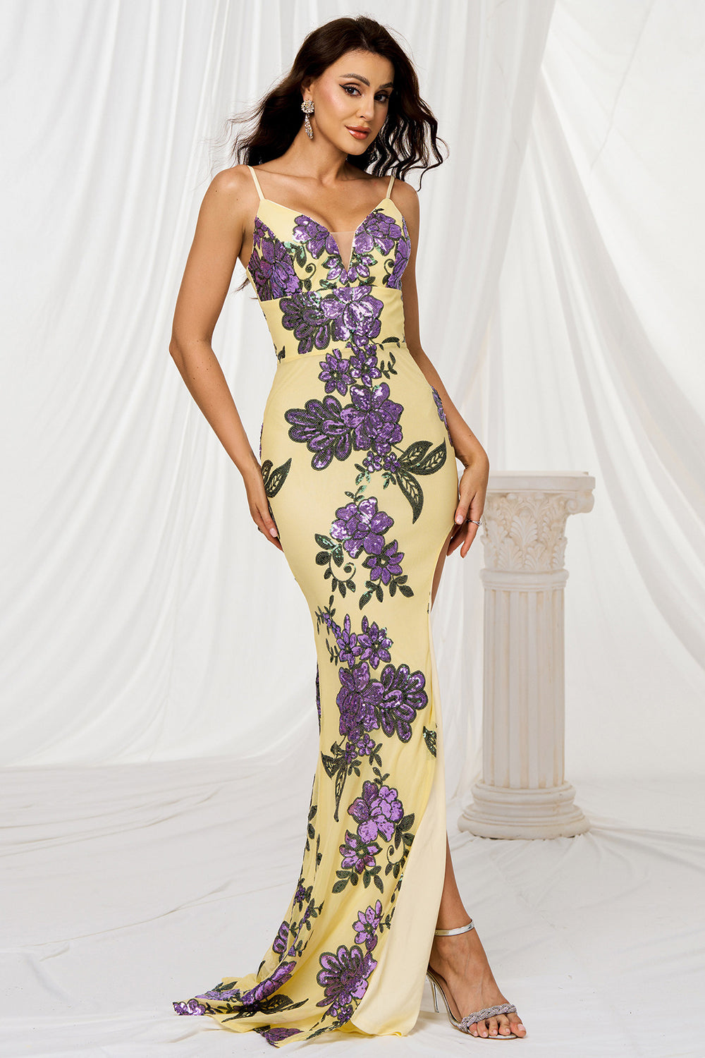 Mermaid Spaghetti Straps Appliqued Yellow Formal Dress