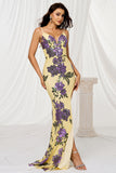 Mermaid Spaghetti Straps Appliqued Yellow Formal Dress