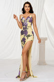 Mermaid Spaghetti Straps Appliqued Yellow Formal Dress
