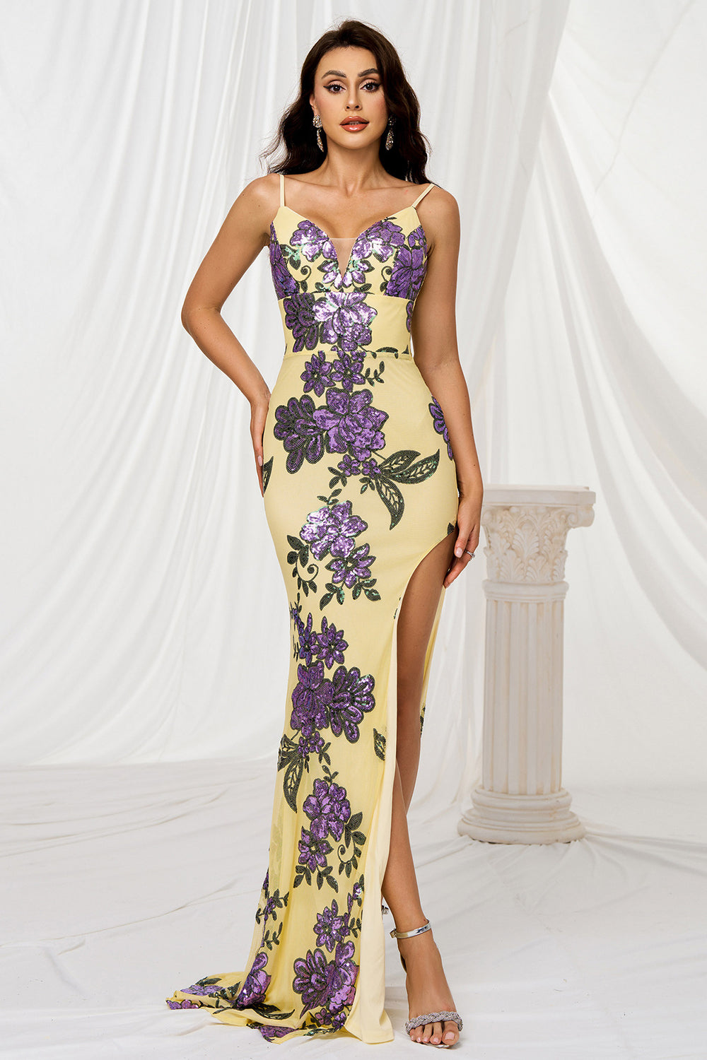 Mermaid Spaghetti Straps Appliqued Yellow Formal Dress