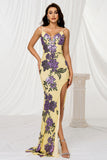 Mermaid Spaghetti Straps Appliqued Yellow Formal Dress