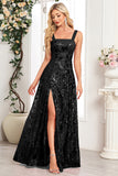 Sparkly Black Spaghetti Straps A Line Appliqued Formal Dress