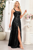 Sparkly Black Spaghetti Straps A Line Appliqued Formal Dress