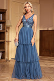 Grey Blue Tiered Spaghetti Straps A Line Formal Dress