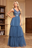 Grey Blue Tiered Spaghetti Straps A Line Formal Dress