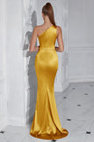 One Shoulder Mermaid Ruched Yellow Formal Dress