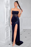 Navy Strapless Sheath Corset Ruched Evening Dress