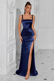 Navy Spaghetti Straps Sheath Formal Dress with Slit