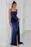 Navy Spaghetti Straps Sheath Formal Dress with Slit