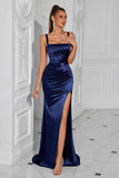 Navy Spaghetti Straps Sheath Formal Dress with Slit