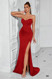 Strapless Mermaid Ruched Red Formal Dress with Slit