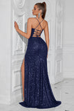 Sparkly Spaghetti Straps Sheath Navy Evening Dress