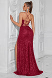 Burgundy Spaghetti Straps Sheath Sequin Evening Dress