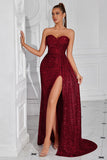 Burgundy Spaghetti Straps Sheath Sequin Evening Dress