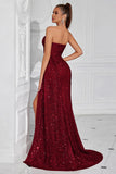 Burgundy Spaghetti Straps Sheath Sequin Evening Dress