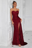 Burgundy Spaghetti Straps Sheath Sequin Evening Dress