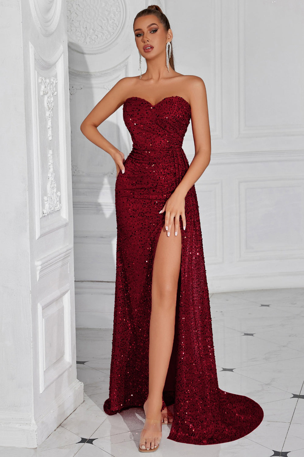 Burgundy Spaghetti Straps Sheath Sequin Evening Dress