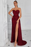 Burgundy Spaghetti Straps Sheath Sequin Evening Dress