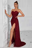 Burgundy Spaghetti Straps Sheath Sequin Evening Dress
