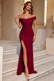 Off the Shoulder Sheath Ruched Burgundy Formal Dress