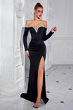Off the Shoulder Ruched Black Evening Dress with Slit