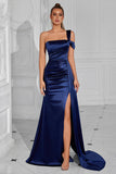 One Shoulder Sheath Satin Navy Formal Dress with Slit