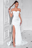 Off the Shoulder Sheath White Satin Evening Dress