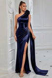 One Shoulder Satin Ruched Navy Formal Dress