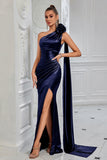 One Shoulder Satin Ruched Navy Formal Dress