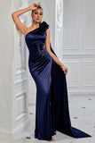 One Shoulder Satin Ruched Navy Formal Dress